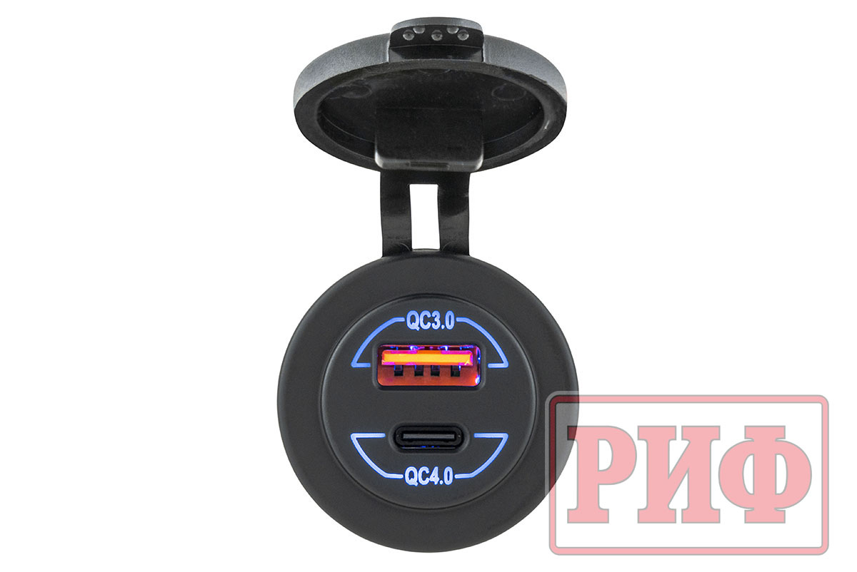 картинка Розетка USB  QC 3.0, QC 4.0, синяя подсветка