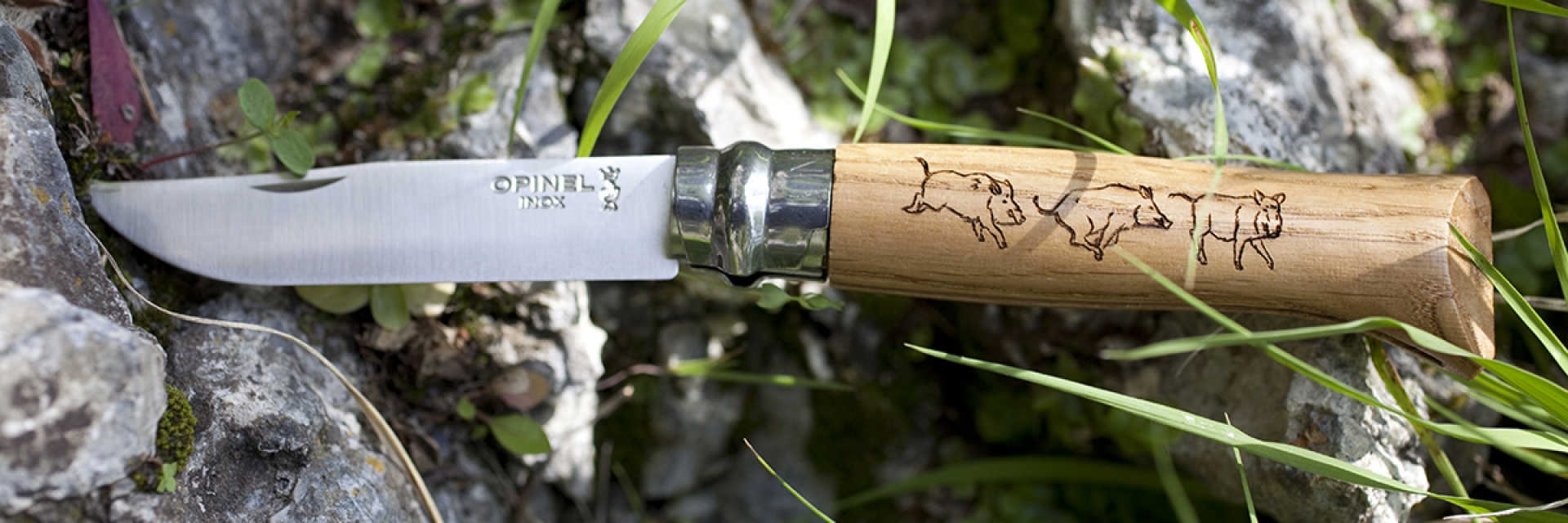 картинка Нож Opinel №8 Animalia, нержавеющая сталь, рукоять дуб, гравировка кабан, 001624