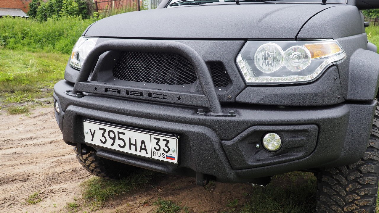 картинка Бампер передний УАЗ Патриот/Пикап/Карго Медведь боди-лифт с оптикой черный АВС-дизайн