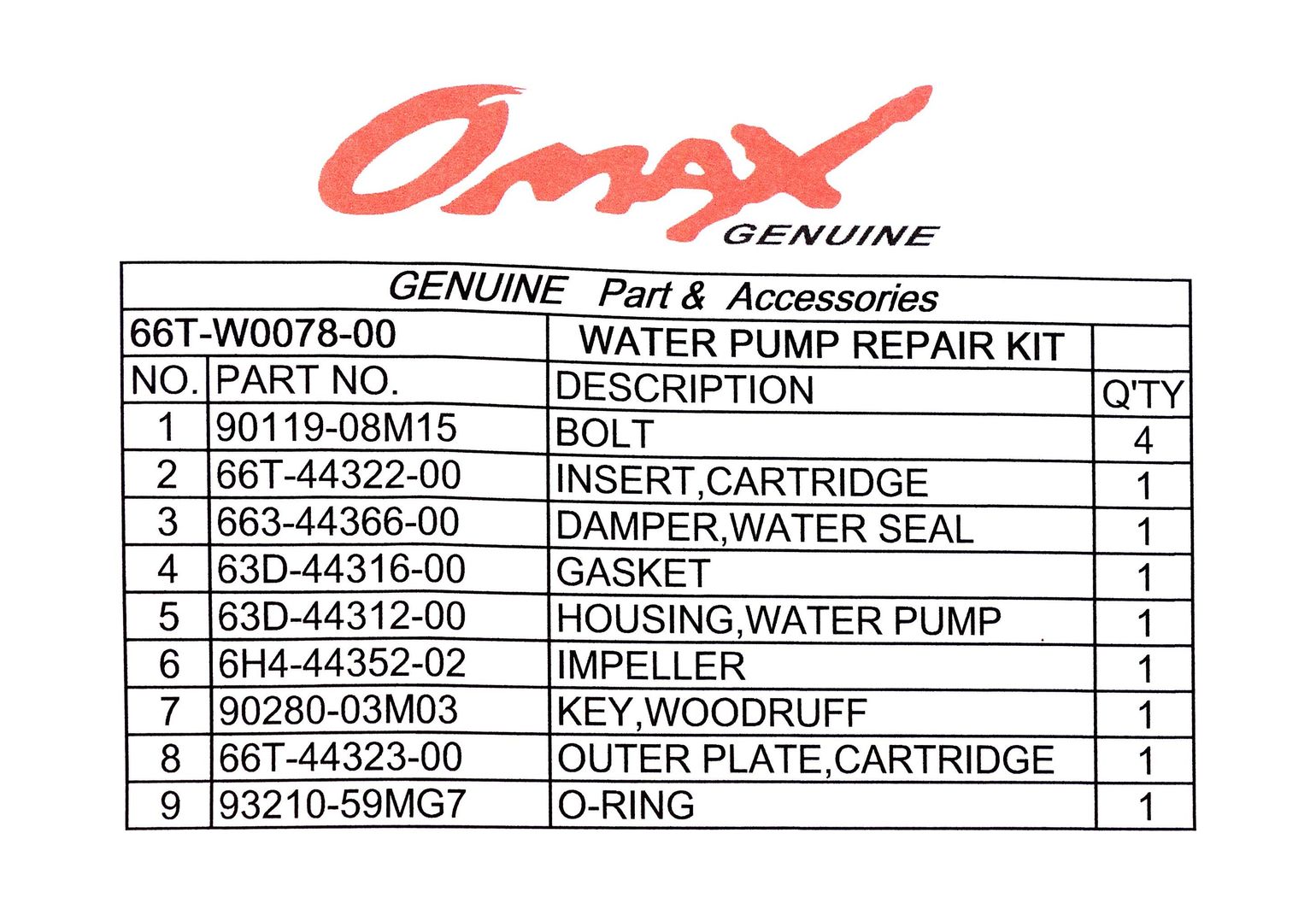 Ремкомплект помпы Yamaha 40, Omax