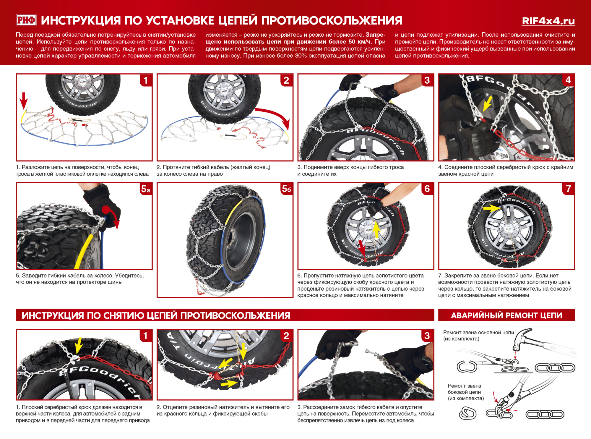 картинка Цепи противоскольжения РИФ 4х4 "соты" 16 мм, 245/70R17 (к-т 2 шт.)