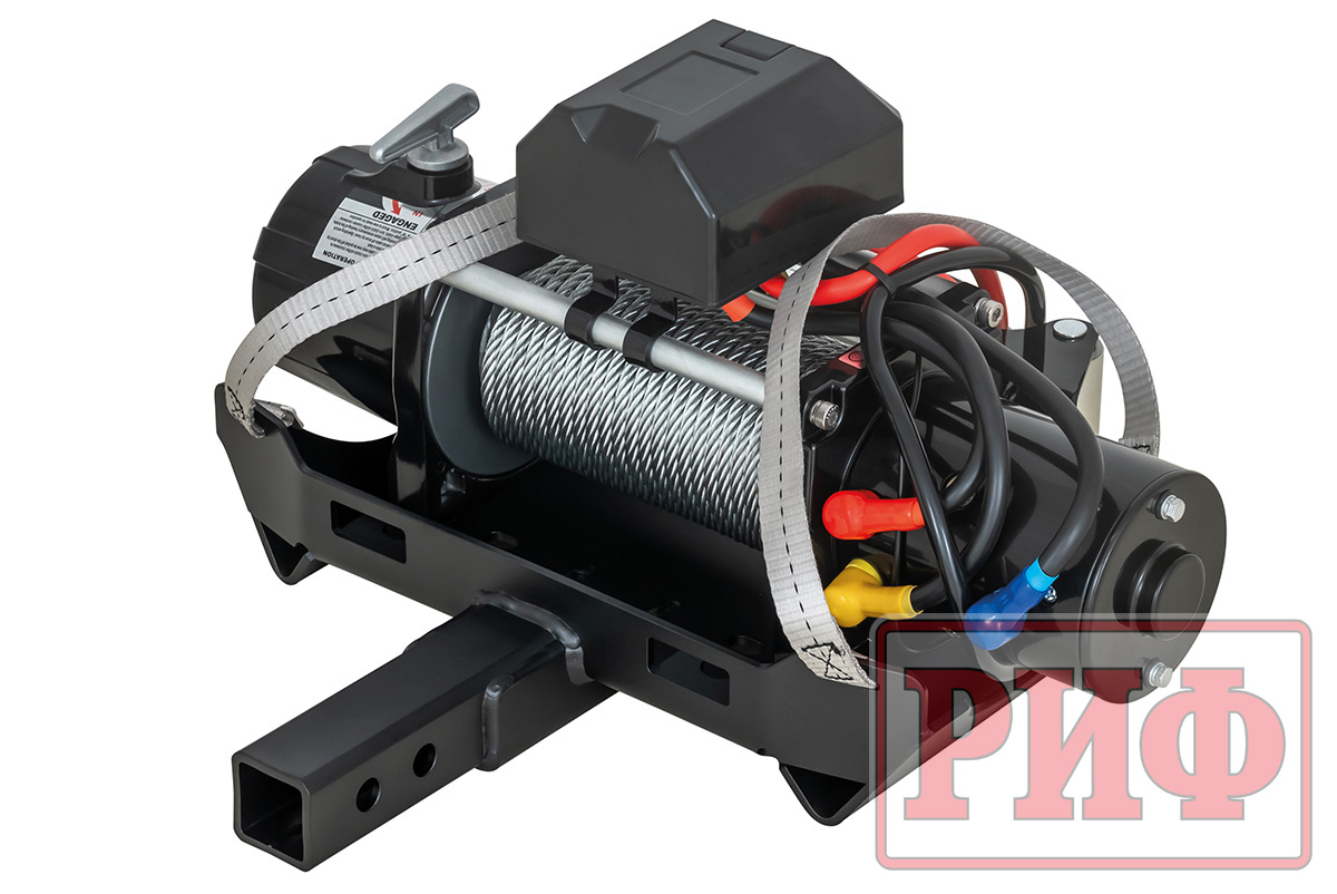картинка Лебёдка переносная 12000 РИФ c квадратом для фаркопа, стальной трос облегченная