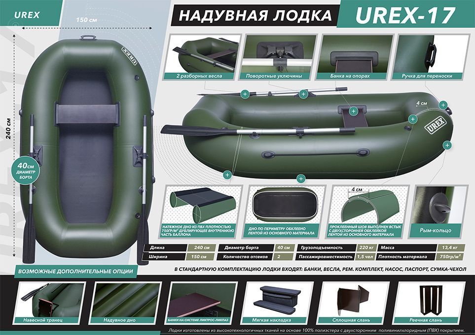 картинка Надувная лодка ПВХ UREX-17, для сплава, зеленая