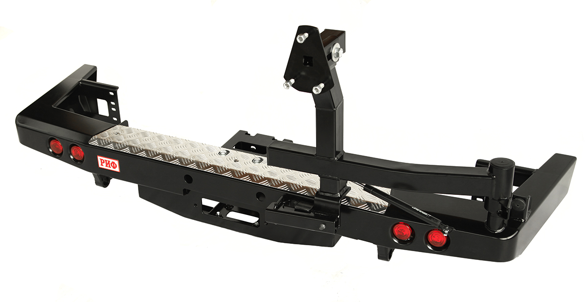 картинка Бампер задний РИФ УАЗ Патриот 2015+ с площадкой под лебедку, калиткой и фонарями лифт