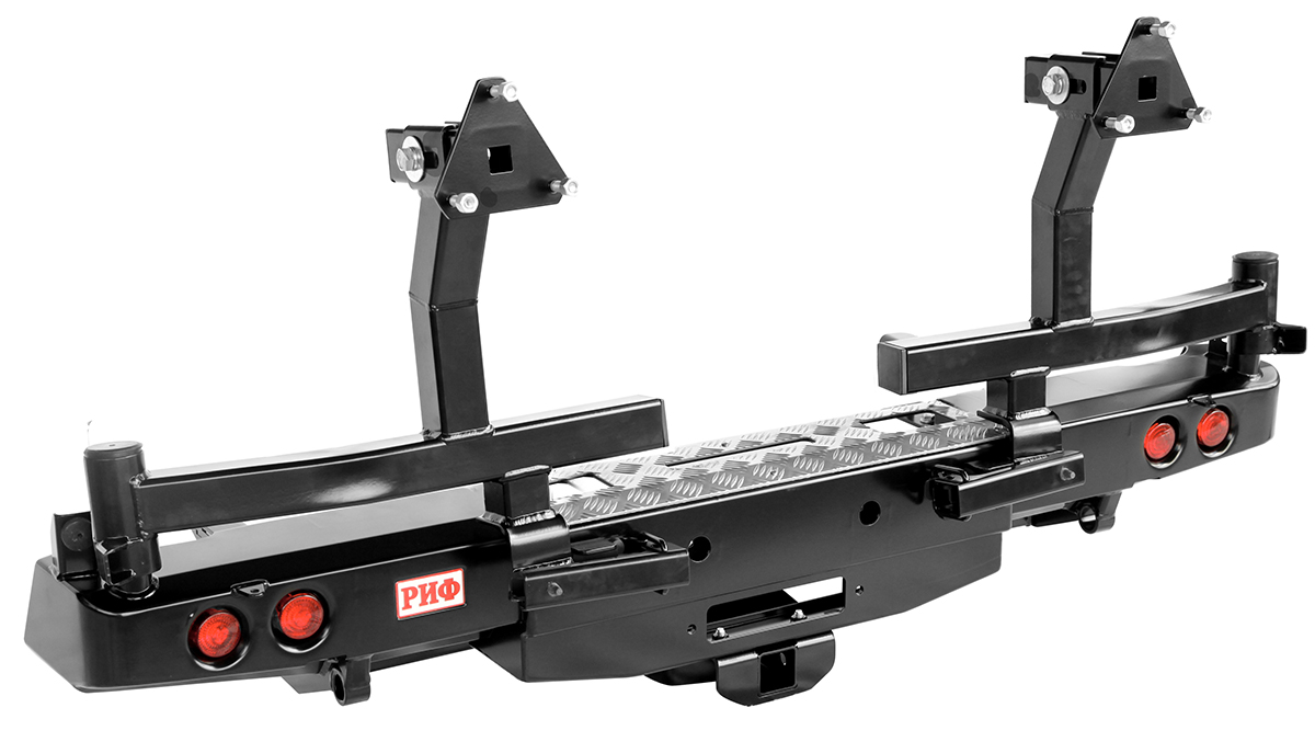 картинка Бампер задний РИФ для Toyota Hilux 2005-2014 с площад. под лебёдку, фаркопом и фонарями и 2-я калитками