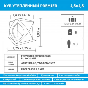 картинка Палатка зимняя PREMIER Куб утепленная 1,8х1,8 желтый люминисцентный/серый