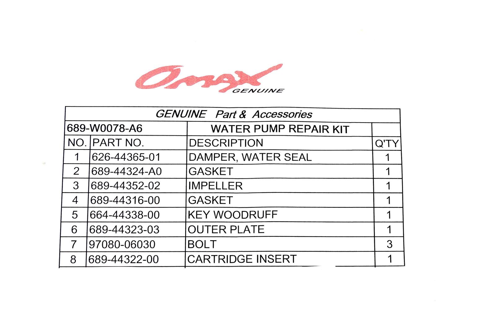 картинка Ремкомплект помпы Yamaha 20-30A, Omax