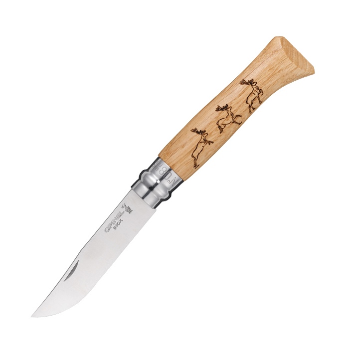 картинка Нож Opinel №8 Animalia, нержавеющая сталь, рукоять дуб, гравировка олени, 001620