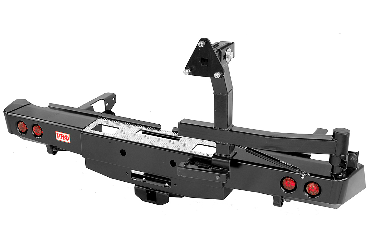 картинка Бампер задний РИФ для Toyota Hilux 2015+ с площ. под лебёдку, квадратом под фаркоп, калиткой и фонарями