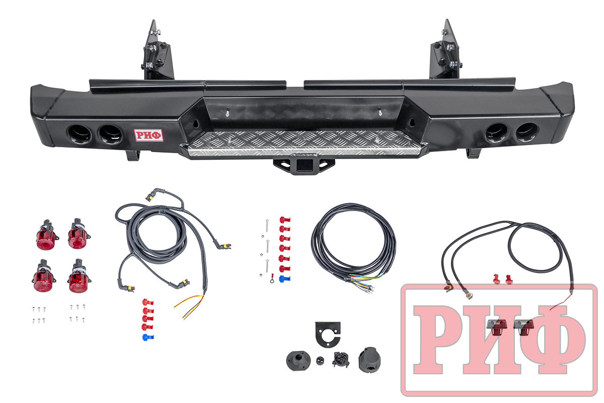 картинка Бампер задний РИФ Mitsubishi L200 2019+ с квадратом под фаркоп и фонарями