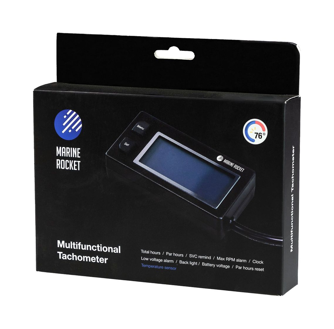 картинка Тахометр универсальный со счетчиком моточасов, датчиком температуры, вольтметром, подсветкой, сменная батарейка