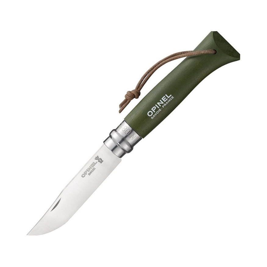 картинка Нож Opinel №8 Trekking, нержавеющая сталь, кожаный темляк, хаки, 001703