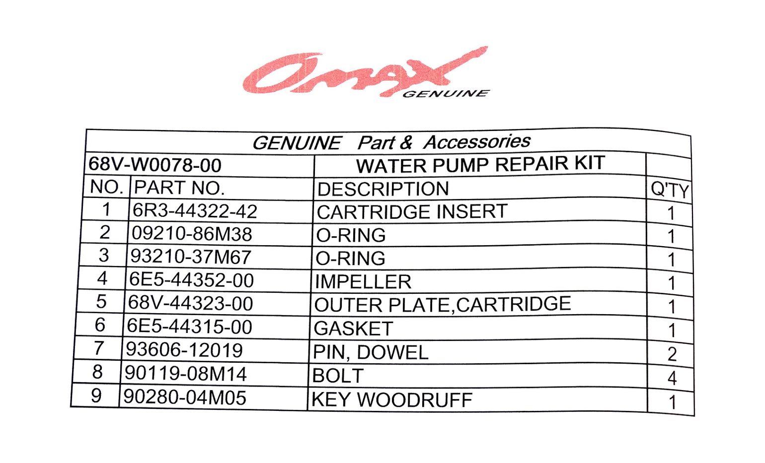Ремкомплект помпы Yamaha F75-F130, Omax