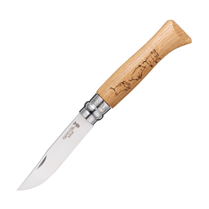 картинка Нож Opinel №8 Animalia, нержавеющая сталь, рукоять дуб, гравировка кабан, 001624