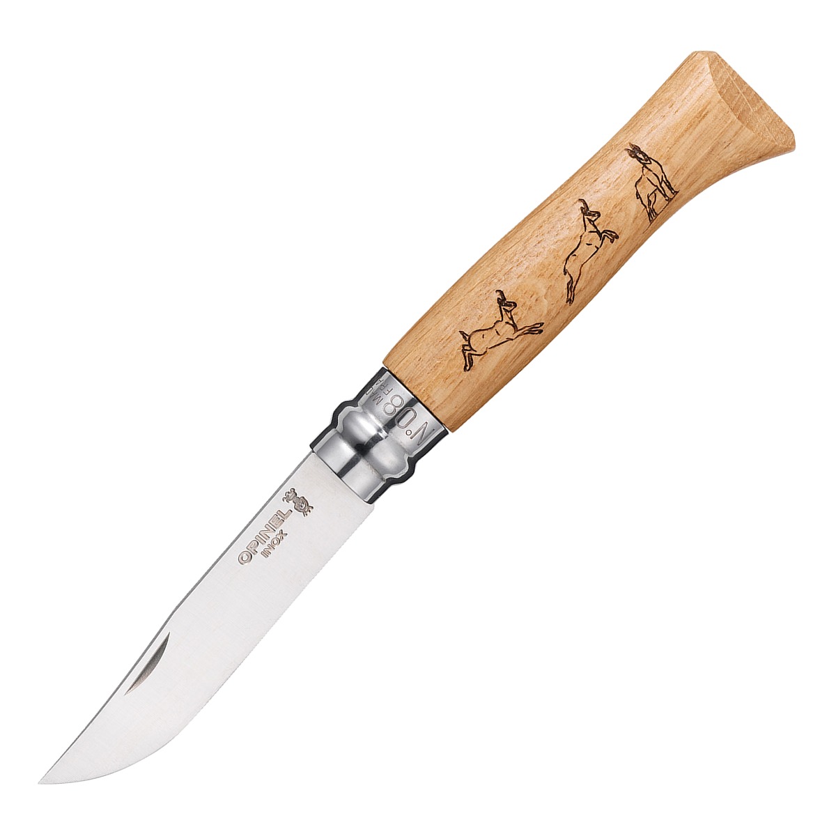 картинка Нож Opinel №8 Animalia, нержавеющая сталь, рукоять дуб, гравировка серна, 001621