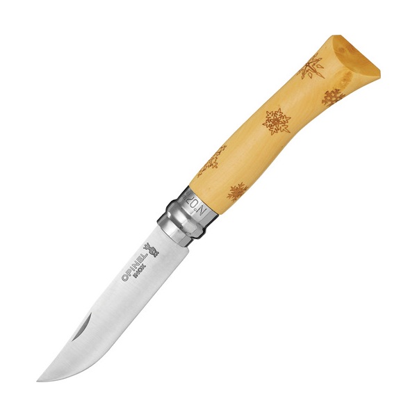 картинка Нож Opinel №7 Nature, нержавеющая сталь, рукоять самшит, гравировка снежинки, 001553
