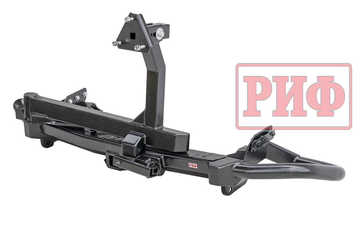 картинка Бампер задний РИФ Mitsubishi Pajero Sport 2015+ c квадратом под фаркоп, калиткой, подсветкой номера