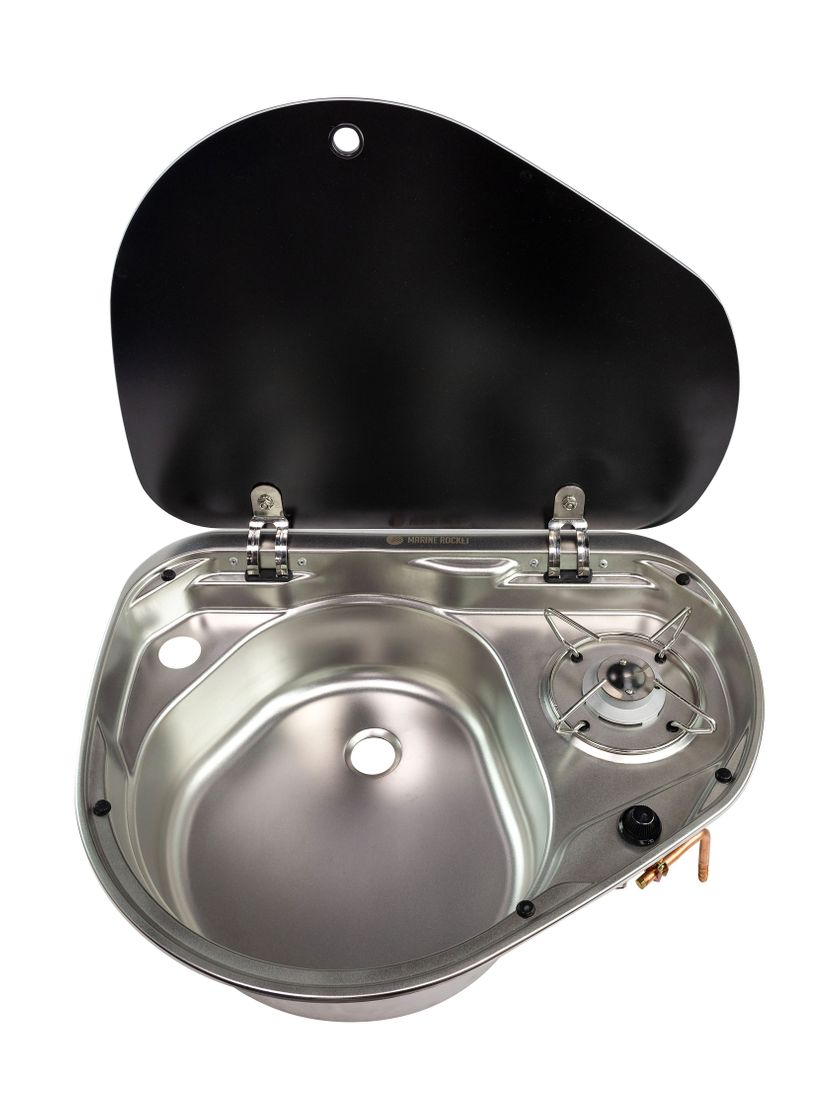 картинка Плита газовая с мойкой левой, стеклянная крышка, Marine Rocket