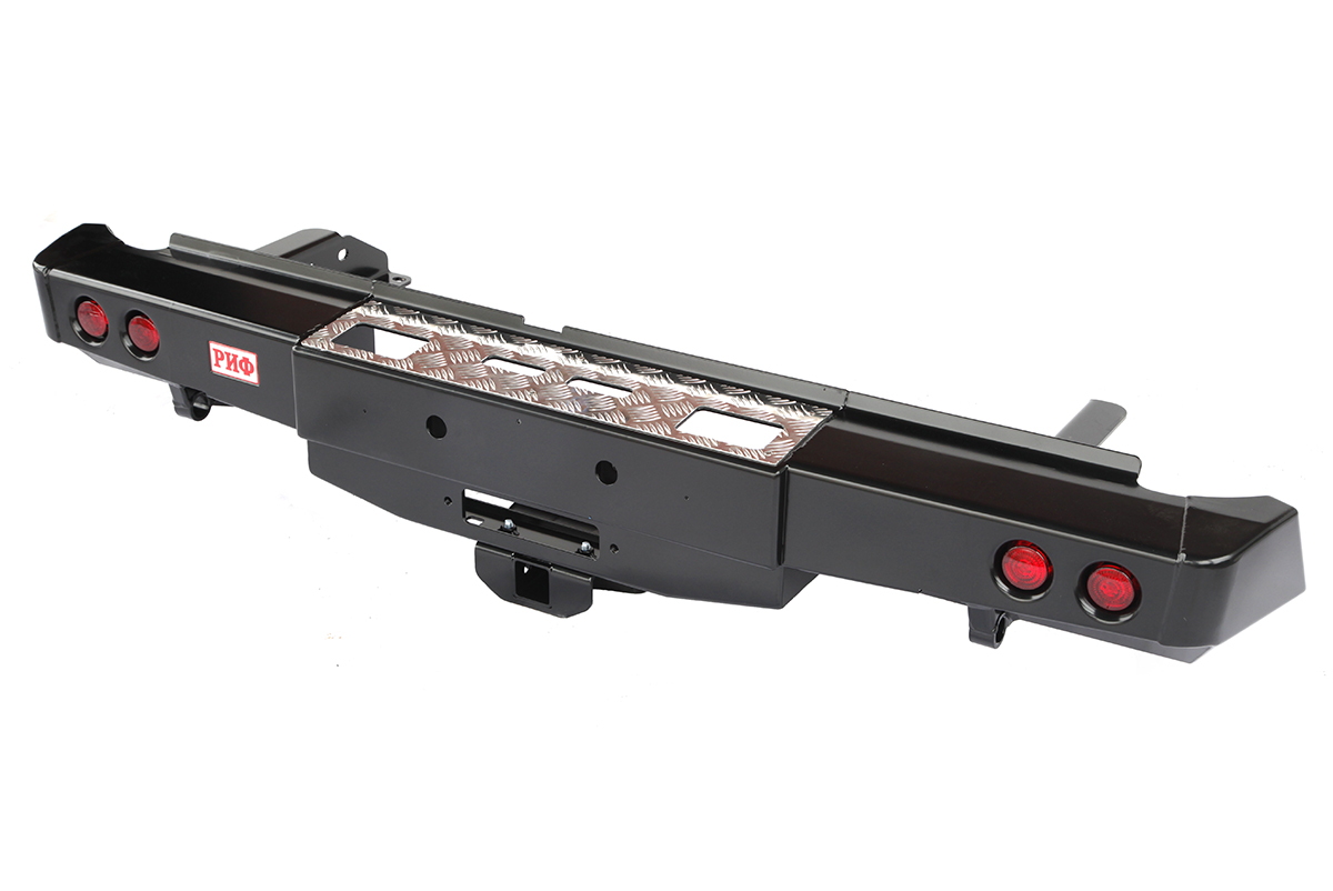 картинка Бампер задний РИФ Nissan Navara D40 2005-2014 с площадкой под лебёдку, квадр. под фаркоп и фонарями