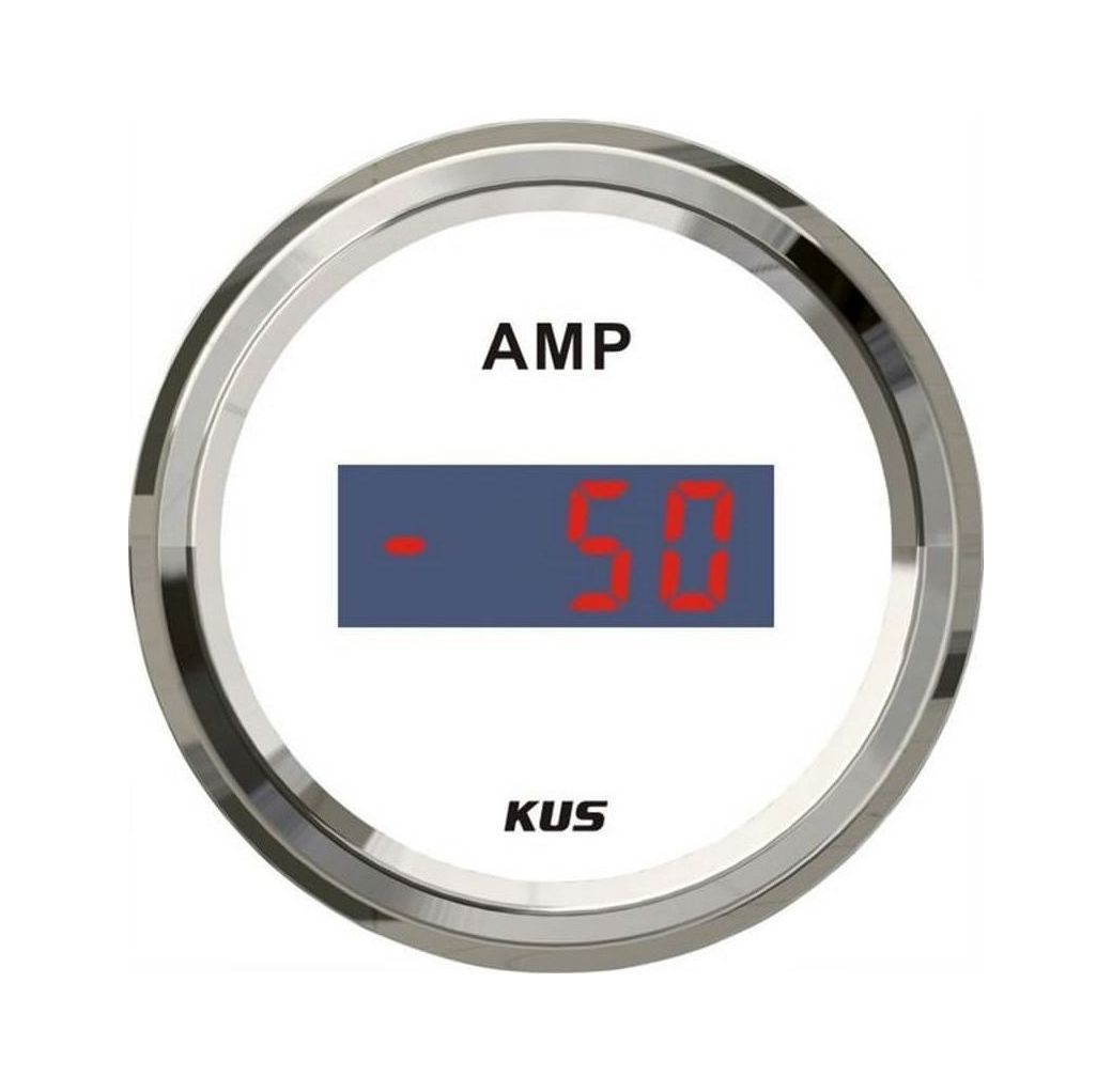 картинка Амперметр цифровой -/+50 А, белый циферблат, нержавеющий ободок, д. 52 мм