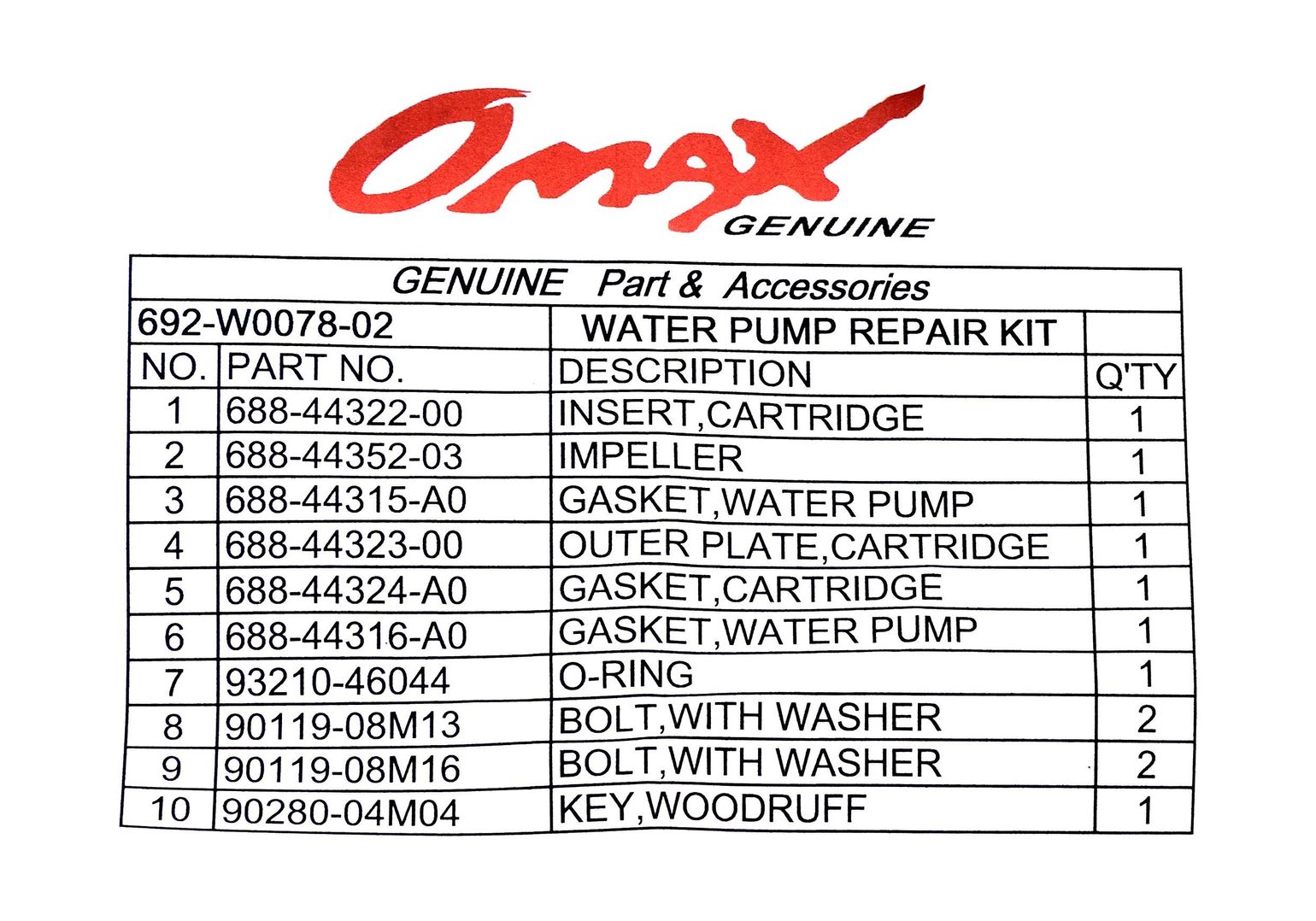 Ремкомплект помпы Yamaha 50-90, Omax