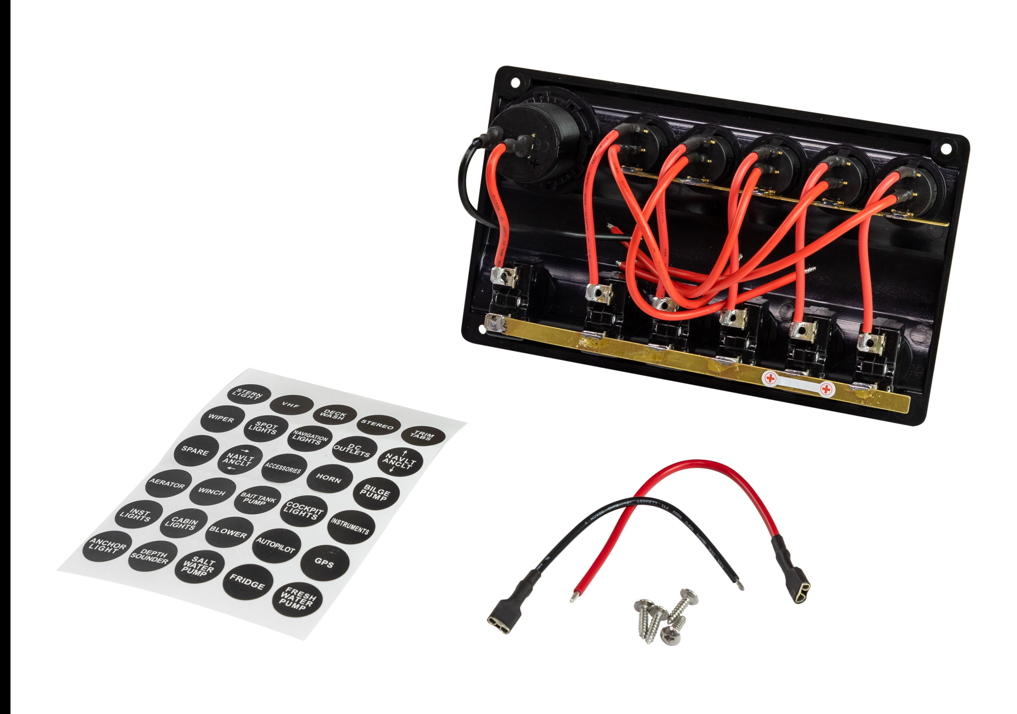 картинка Панель бортового питания 5 переключателей, разъем прикуривателя, индикация, автоматы